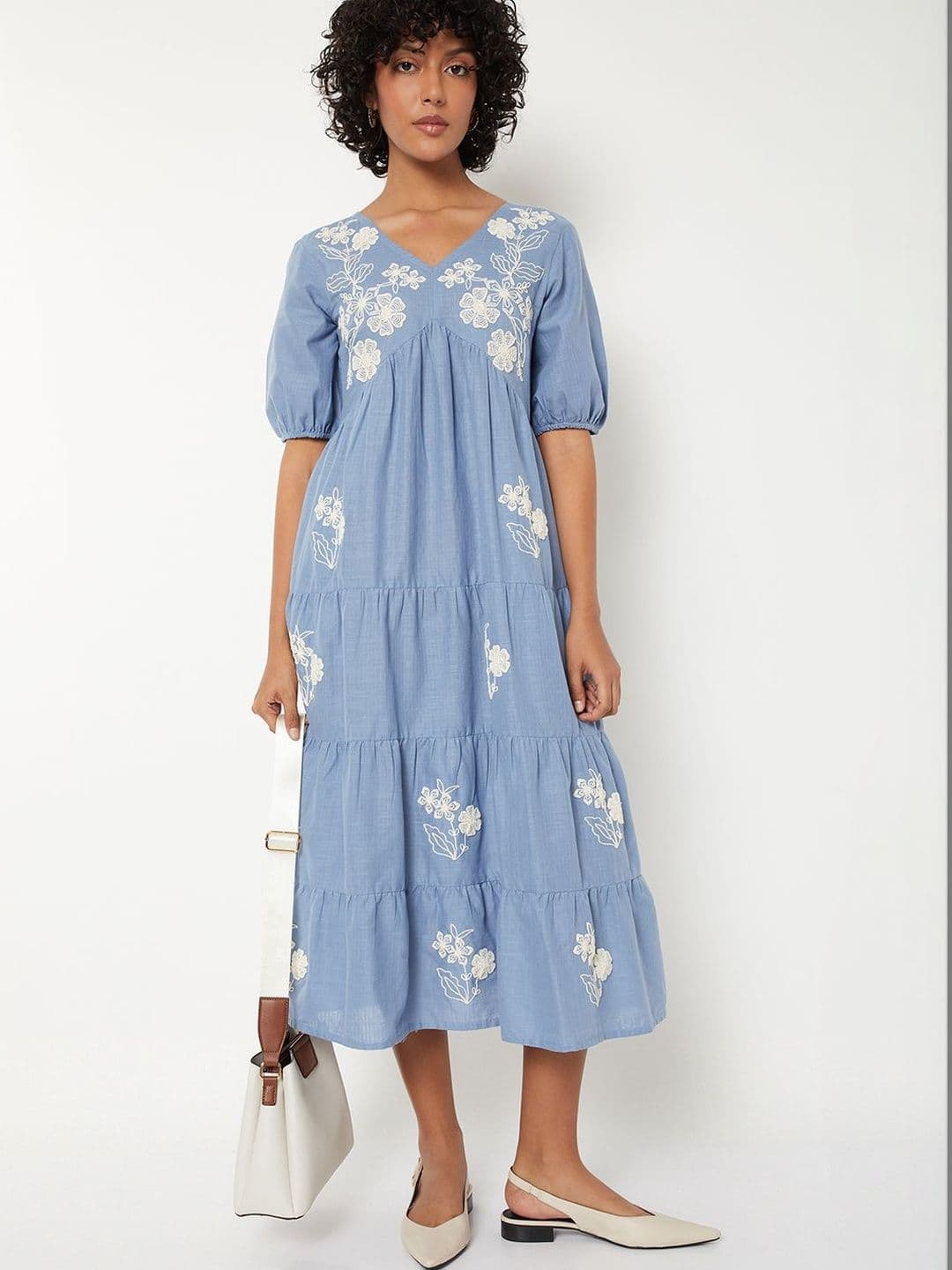 max Floral Embroidered Puff Sleeve A-Line Midi Dress thumbnail 2