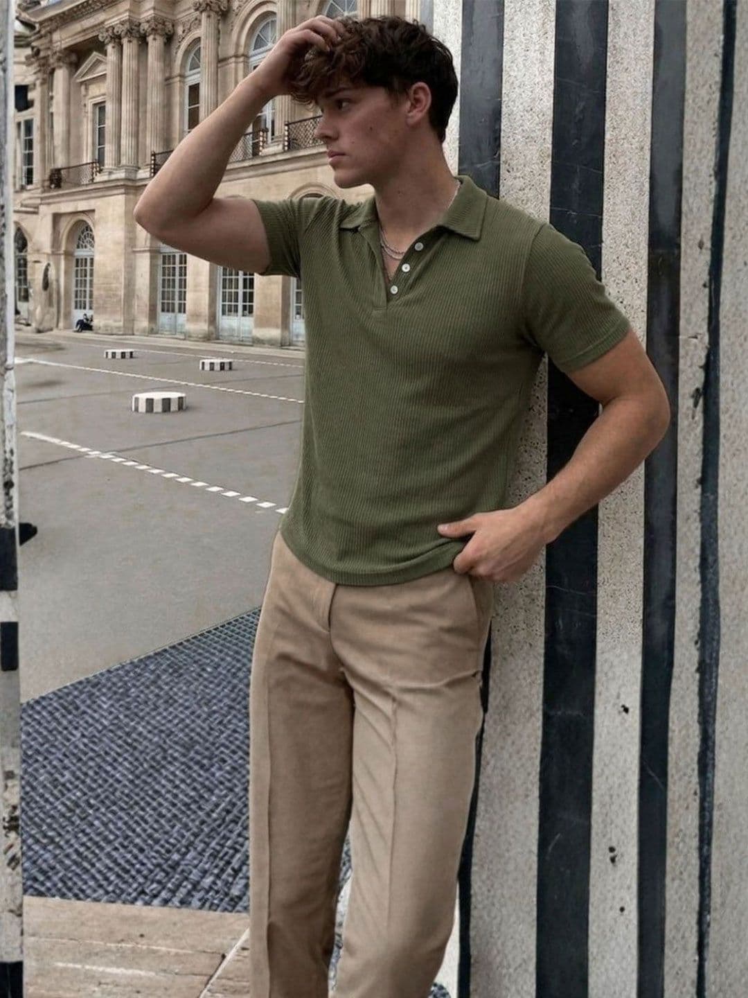 Rigo Men Army Green Self-Textured Polycorduroy Cut Away Collar Half Sleeve Polo T-Shirt thumbnail 5