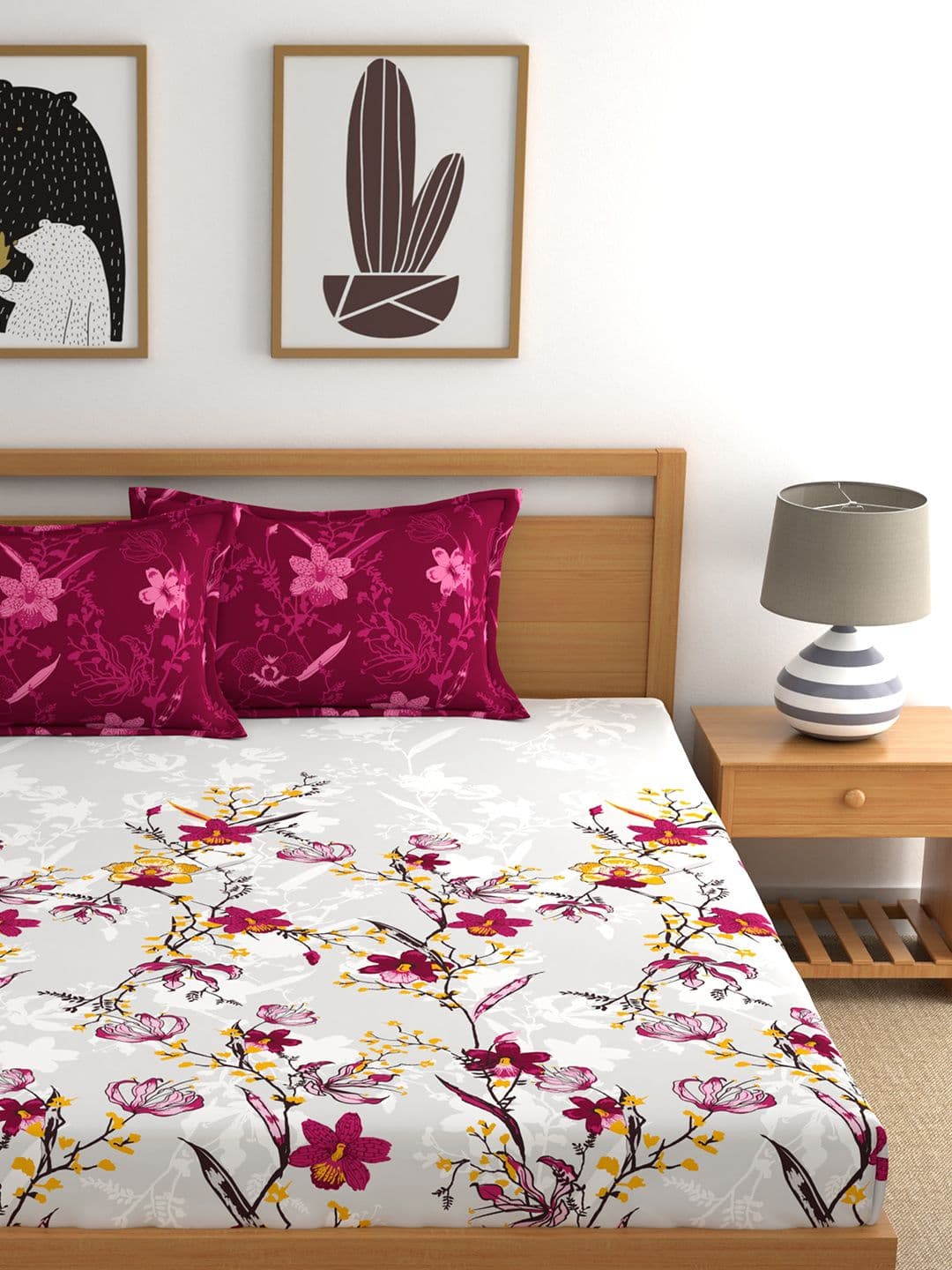 Dreamscape Pink Floral Cotton 140 TC King Fitted Bedsheet with 2 Pillow Covers-72x78inches thumbnail 7