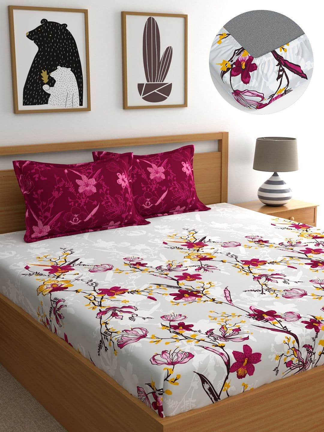 Dreamscape Pink Floral Cotton 140 TC King Fitted Bedsheet with 2 Pillow Covers-72x78inches - view 1