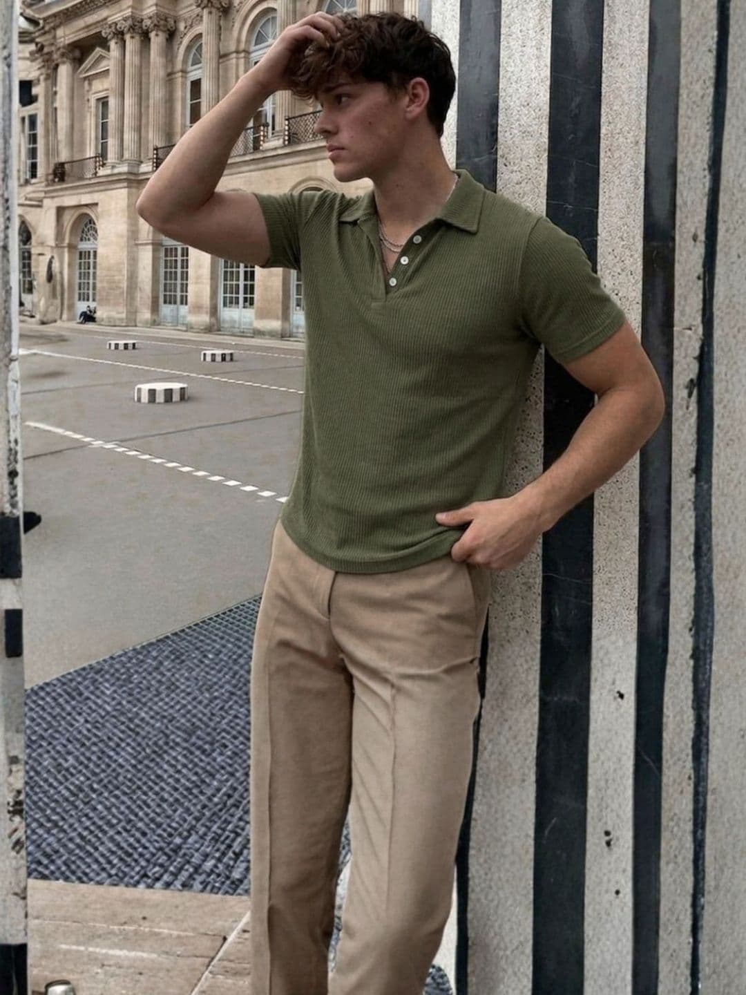 Metronaut Rigo Men Army Green Self-Textured Polycorduroy Cut Away Collar Half Sleeve Polo T-Shirt thumbnail 5