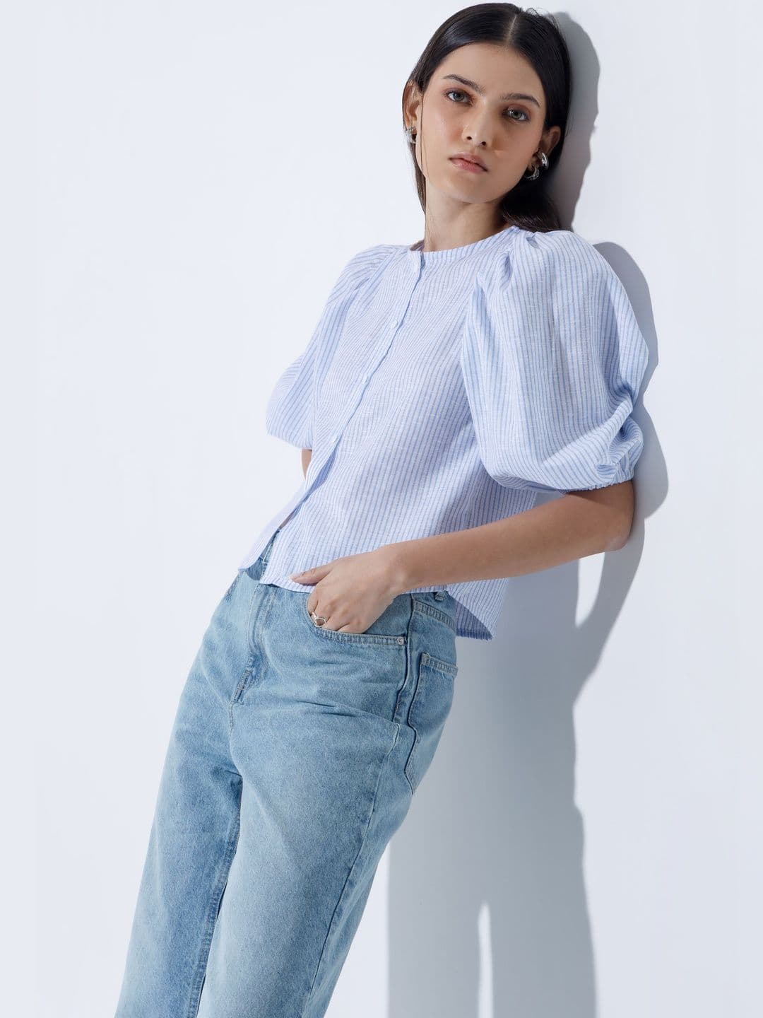 COLOR CAPITAL Striped Puff Sleeve Linen Top - view 1