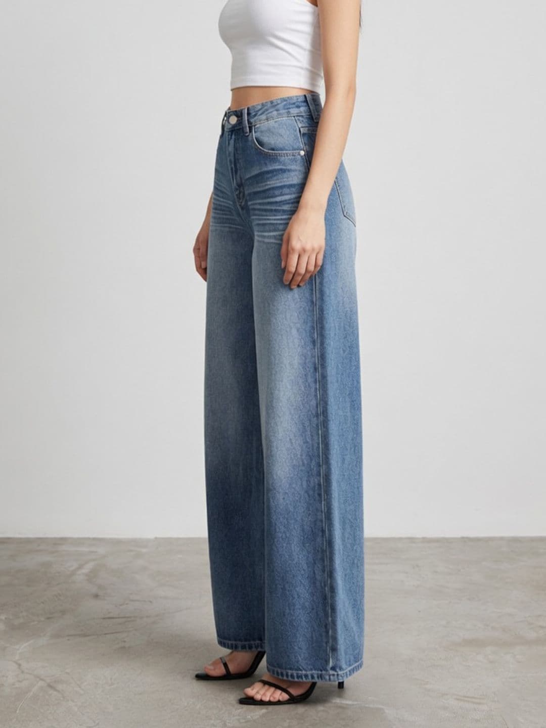StyleCast x Revolte Women Wide Leg Mid-Rise Low Distress Heavy Fade Jeans thumbnail 2