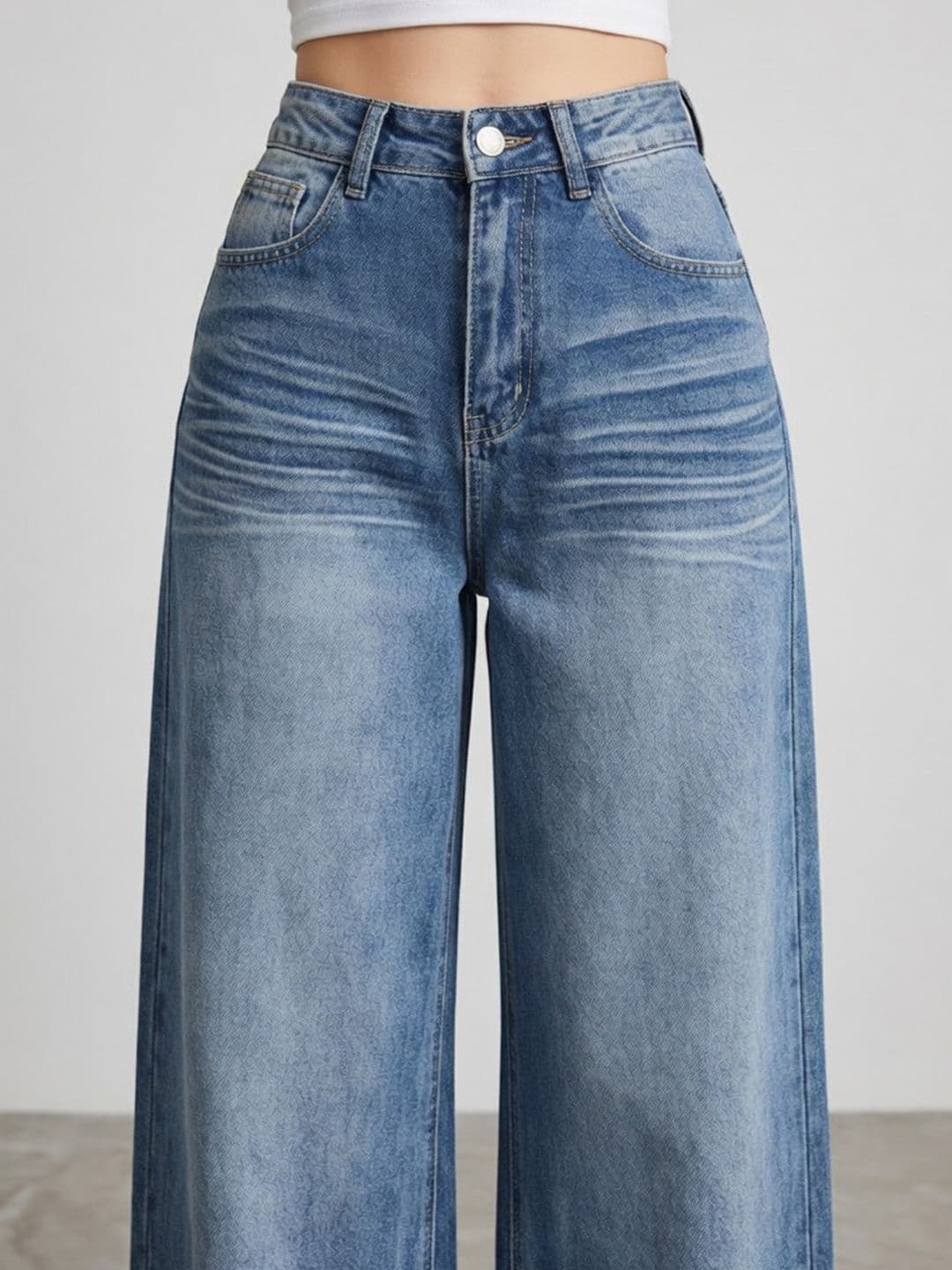 StyleCast x Revolte Women Wide Leg Mid-Rise Low Distress Heavy Fade Jeans thumbnail 6