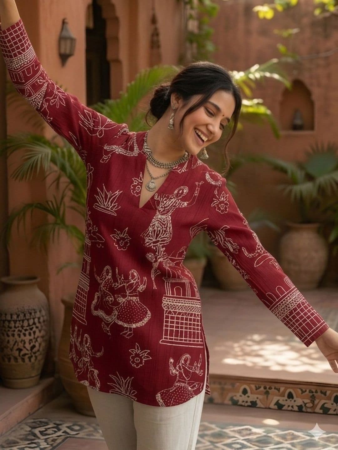 PIMU Ethnic Motifs Printed V-Neck Pure Cotton Kurti thumbnail 3