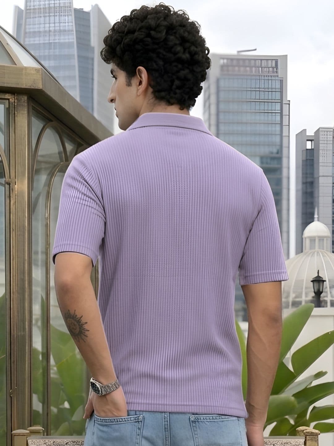 HERE&NOW Rigo Men Light Purple Self-Textured Polycorduroy Cut Away Collar Half Sleeve Polo T-Shirt thumbnail 4