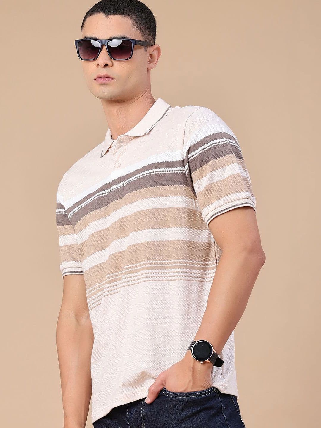 V-Mart Men Striped Polo Collar T-shirt - view 1