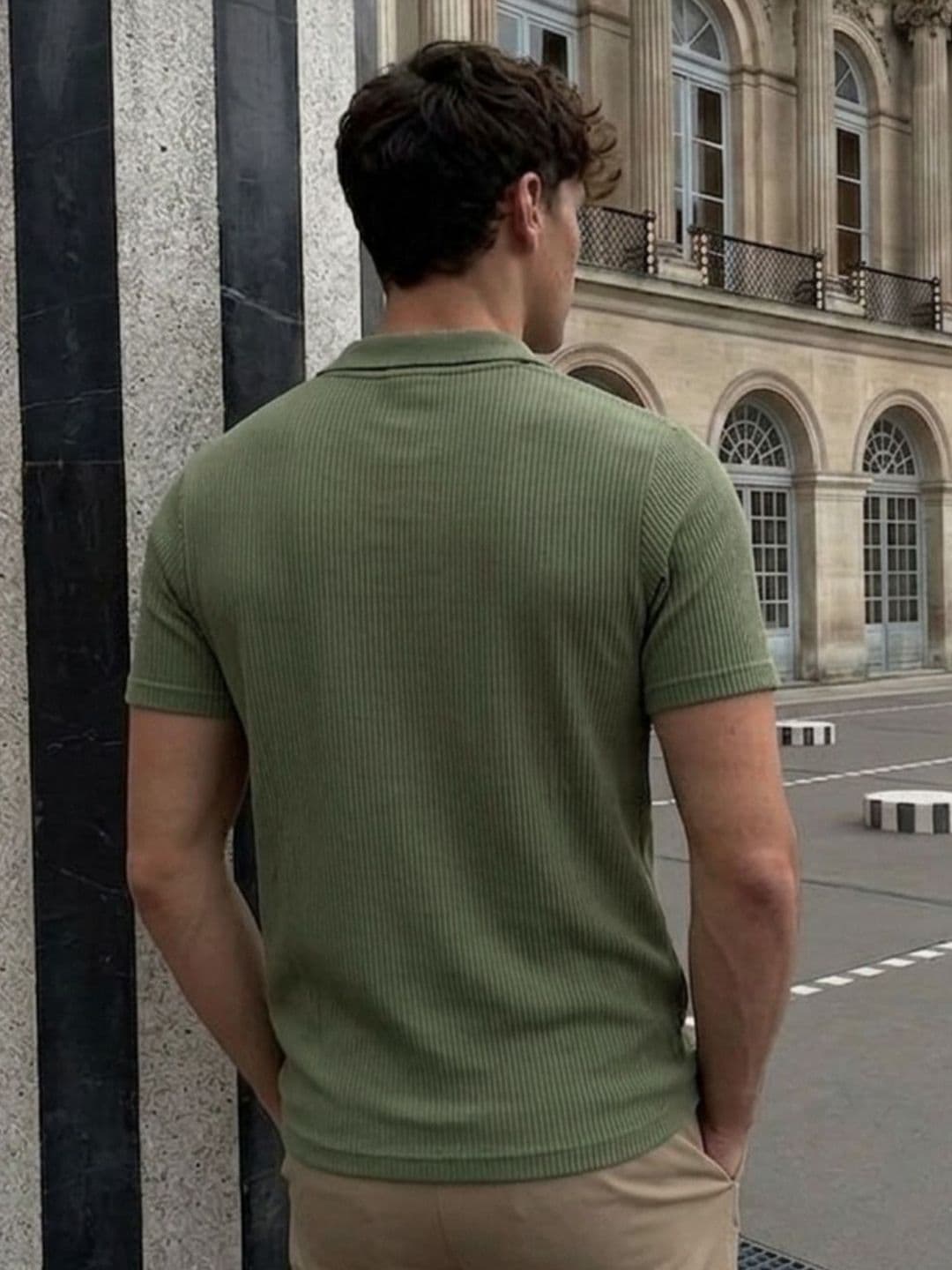 Metronaut Rigo Men Army Green Self-Textured Polycorduroy Cut Away Collar Half Sleeve Polo T-Shirt thumbnail 3