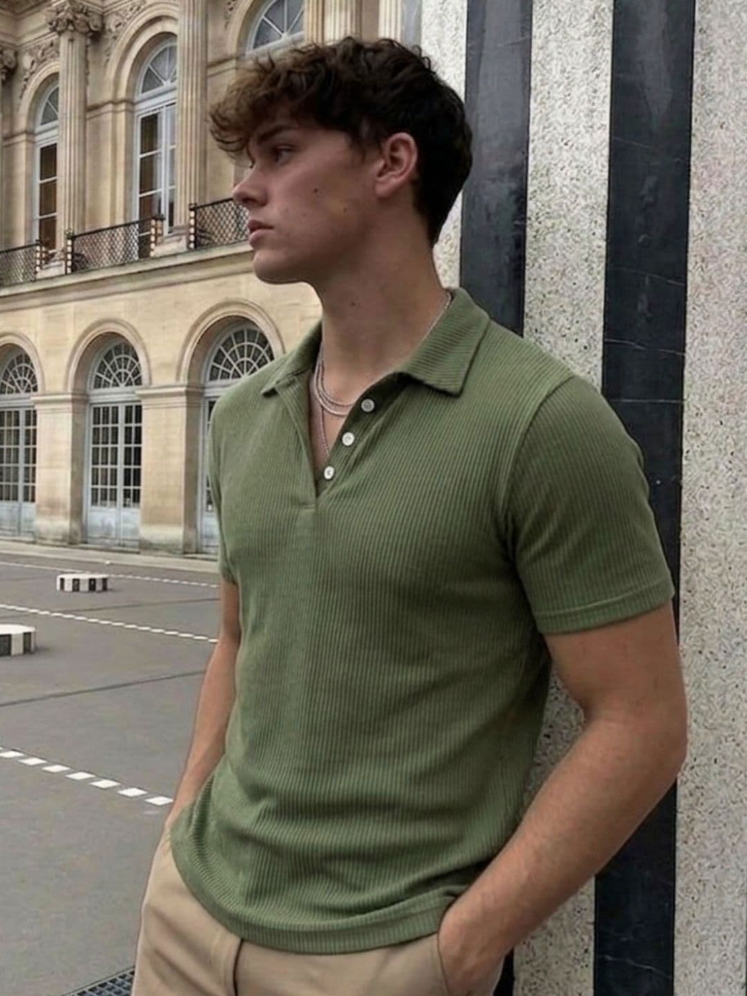 Rigo Men Army Green Self-Textured Polycorduroy Cut Away Collar Half Sleeve Polo T-Shirt thumbnail 2