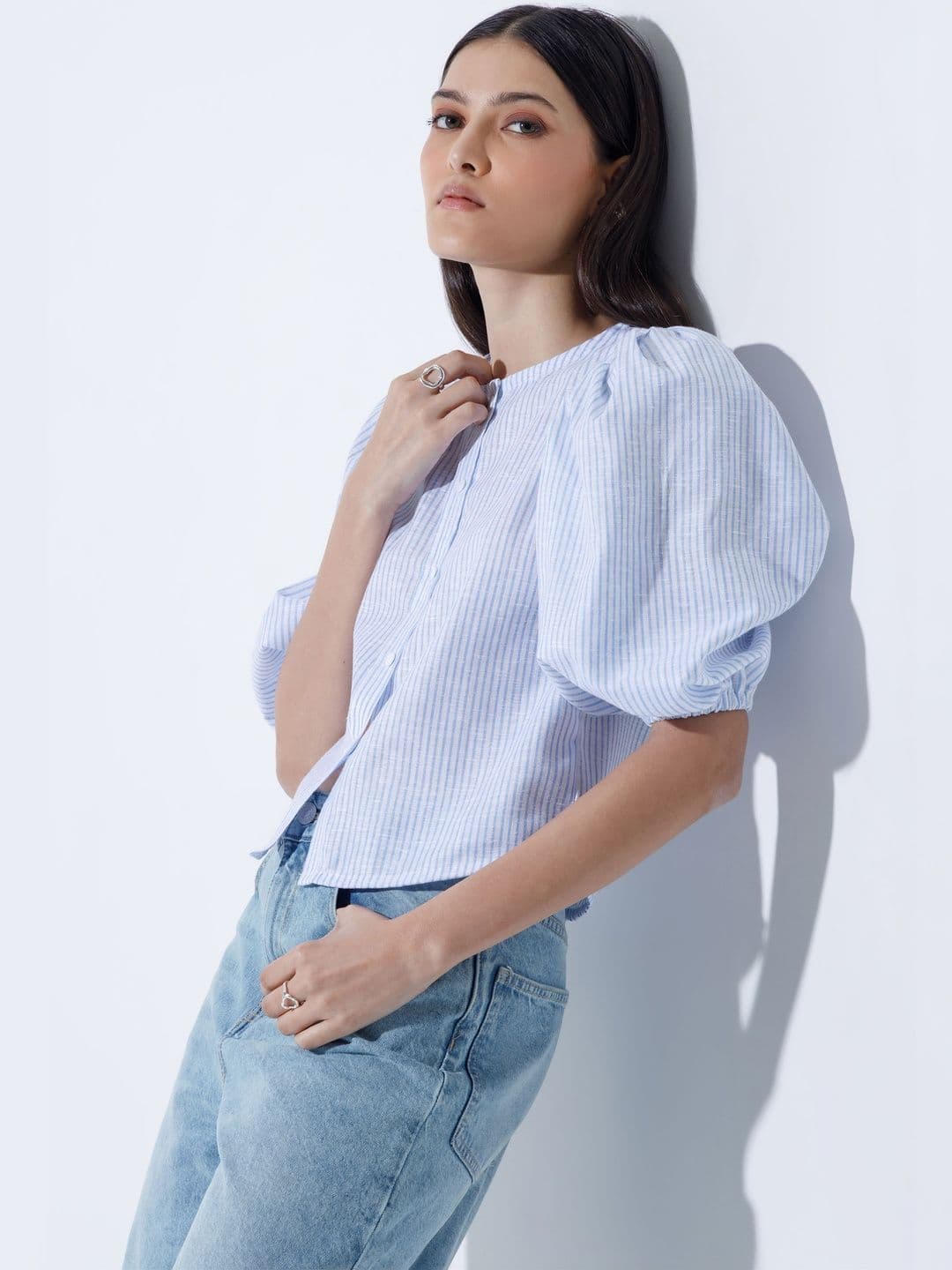 COLOR CAPITAL Striped Puff Sleeve Linen Top thumbnail 6