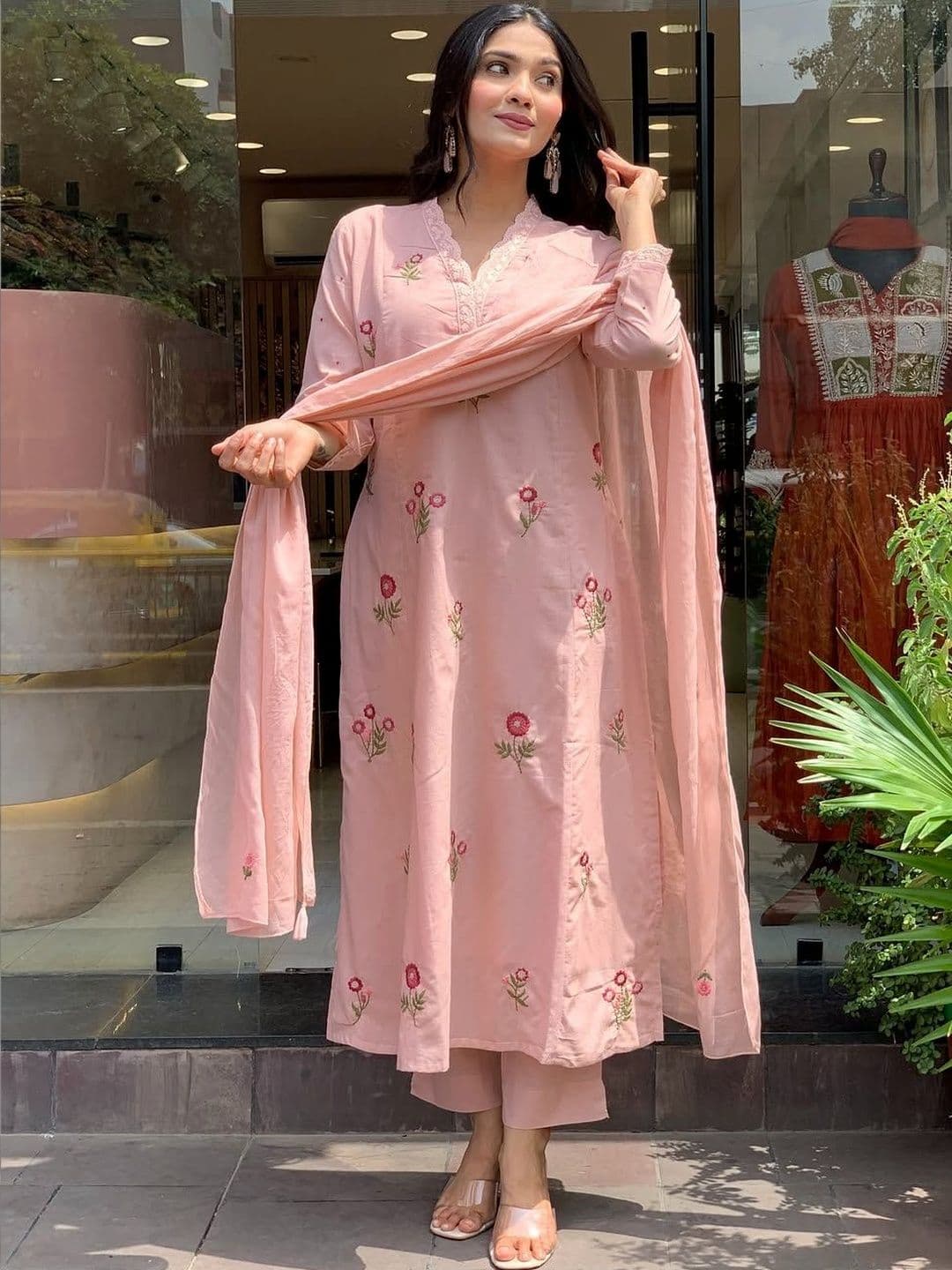 Growdamy Women Ethnic Motifs Embroidered Regular Thread Work Chanderi Silk Kurta with Trousers & With Dupatta - view 1