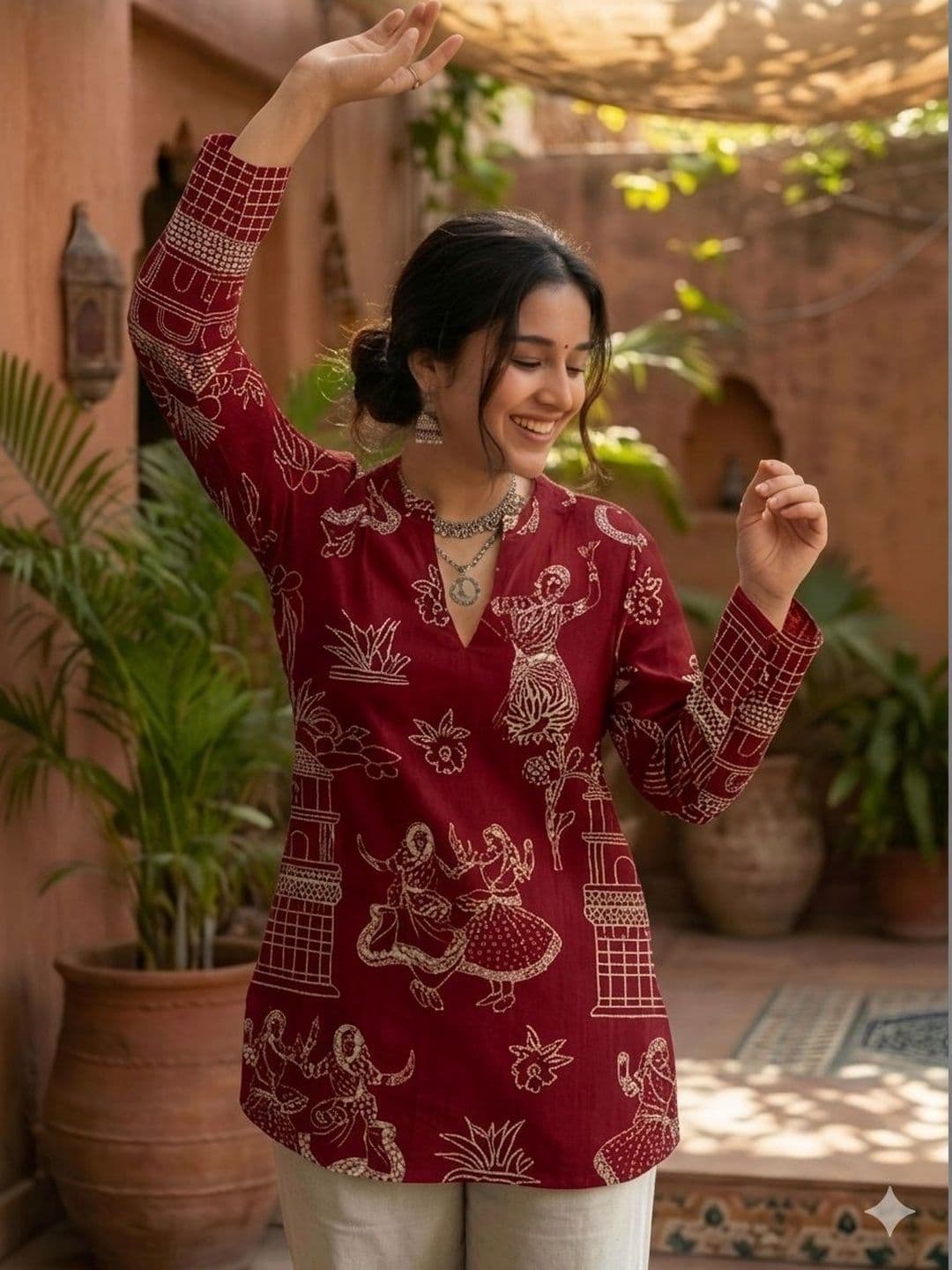 PIMU Ethnic Motifs Printed V-Neck Pure Cotton Kurti - view 1