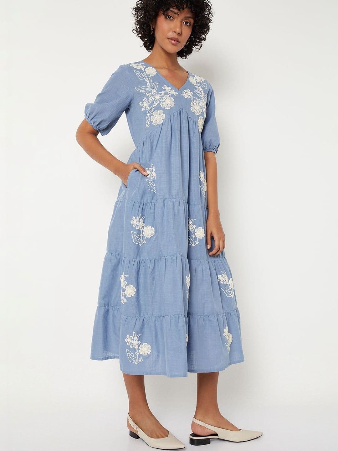 max Floral Embroidered Puff Sleeve A-Line Midi Dress thumbnail 4