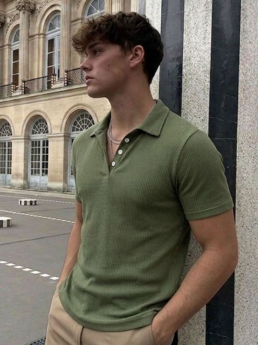 Metronaut Rigo Men Army Green Self-Textured Polycorduroy Cut Away Collar Half Sleeve Polo T-Shirt thumbnail 2