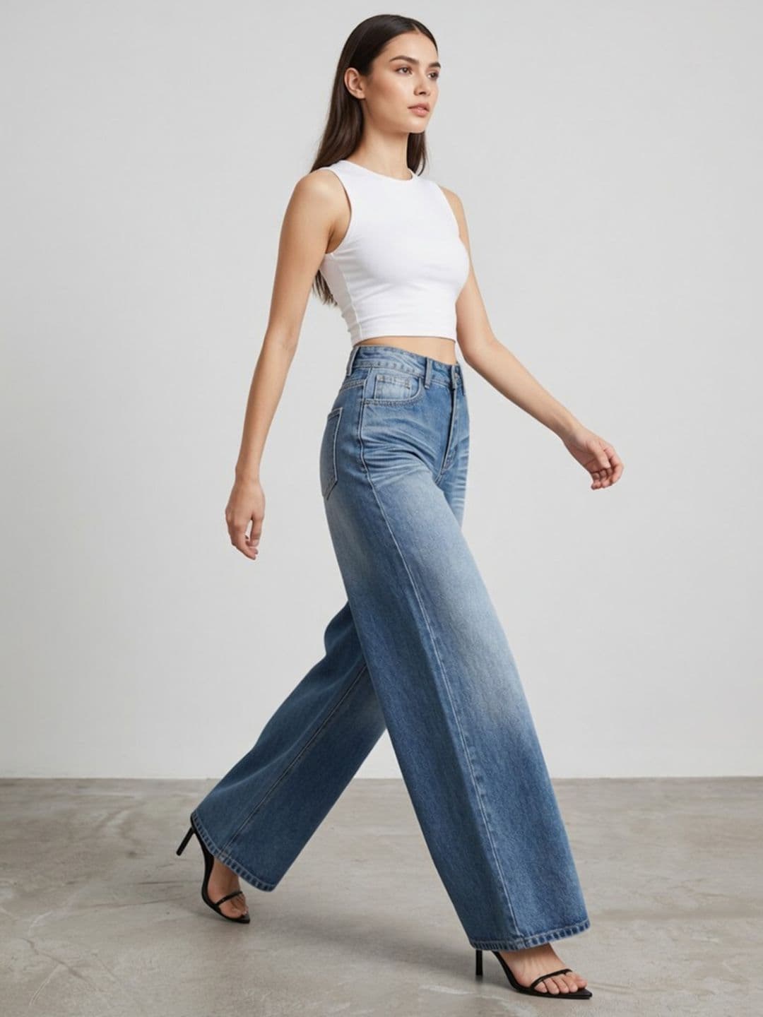 StyleCast x Revolte Women Wide Leg Mid-Rise Low Distress Heavy Fade Jeans thumbnail 3