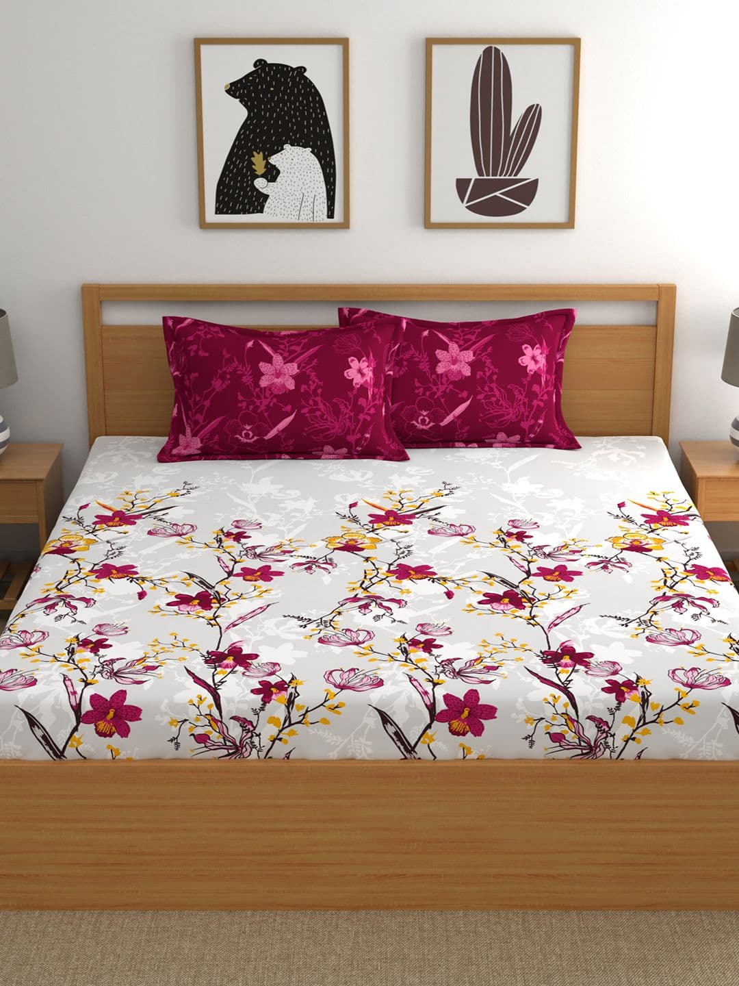 Dreamscape Pink Floral Cotton 140 TC King Fitted Bedsheet with 2 Pillow Covers-72x78inches thumbnail 3