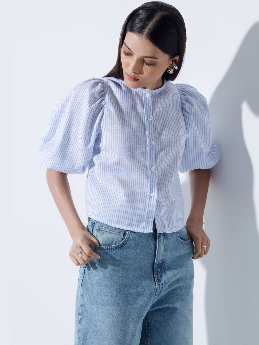 COLOR CAPITAL Striped Puff Sleeve Linen Top thumbnail 3