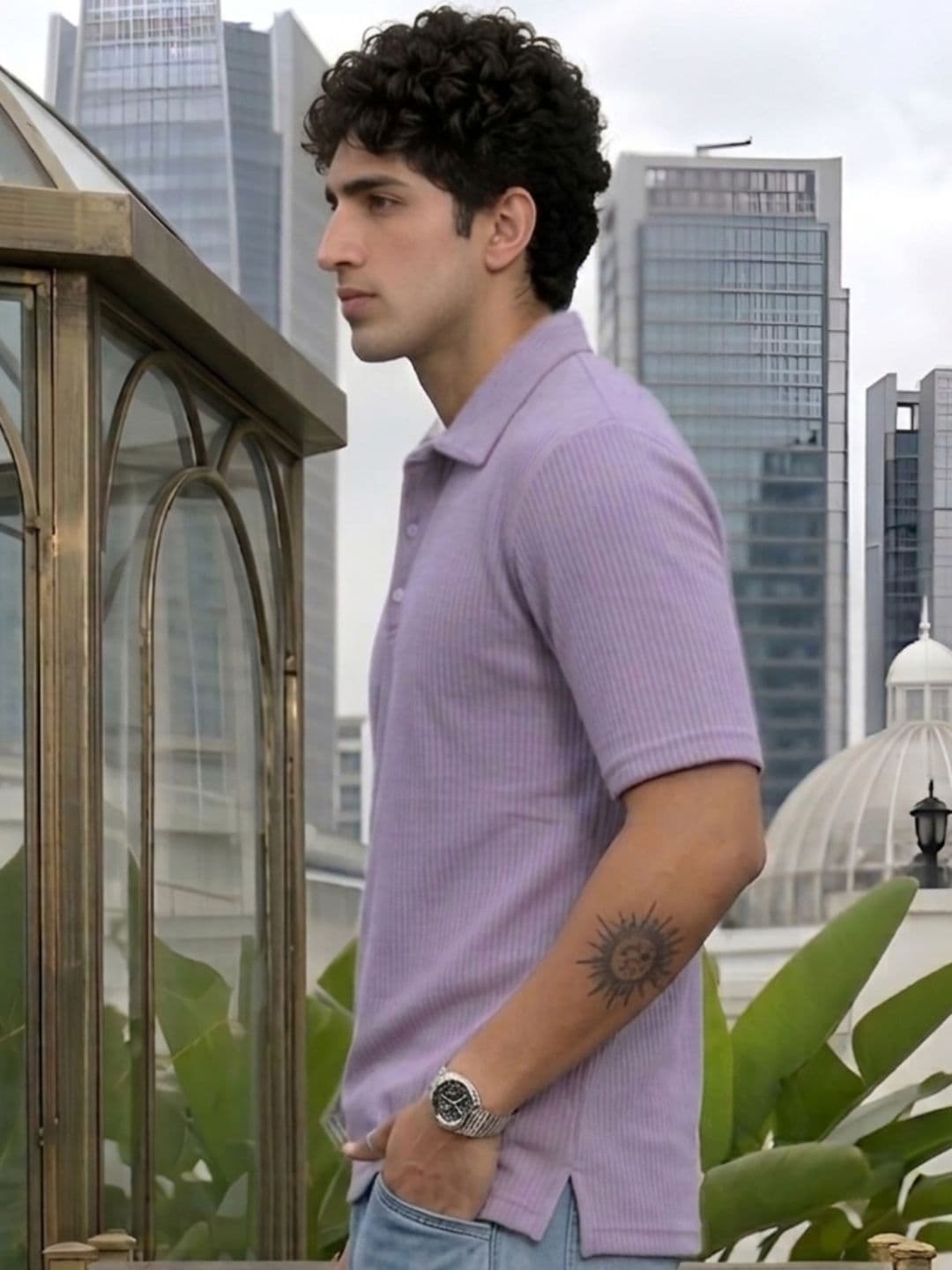 HERE&NOW Rigo Men Light Purple Self-Textured Polycorduroy Cut Away Collar Half Sleeve Polo T-Shirt thumbnail 3