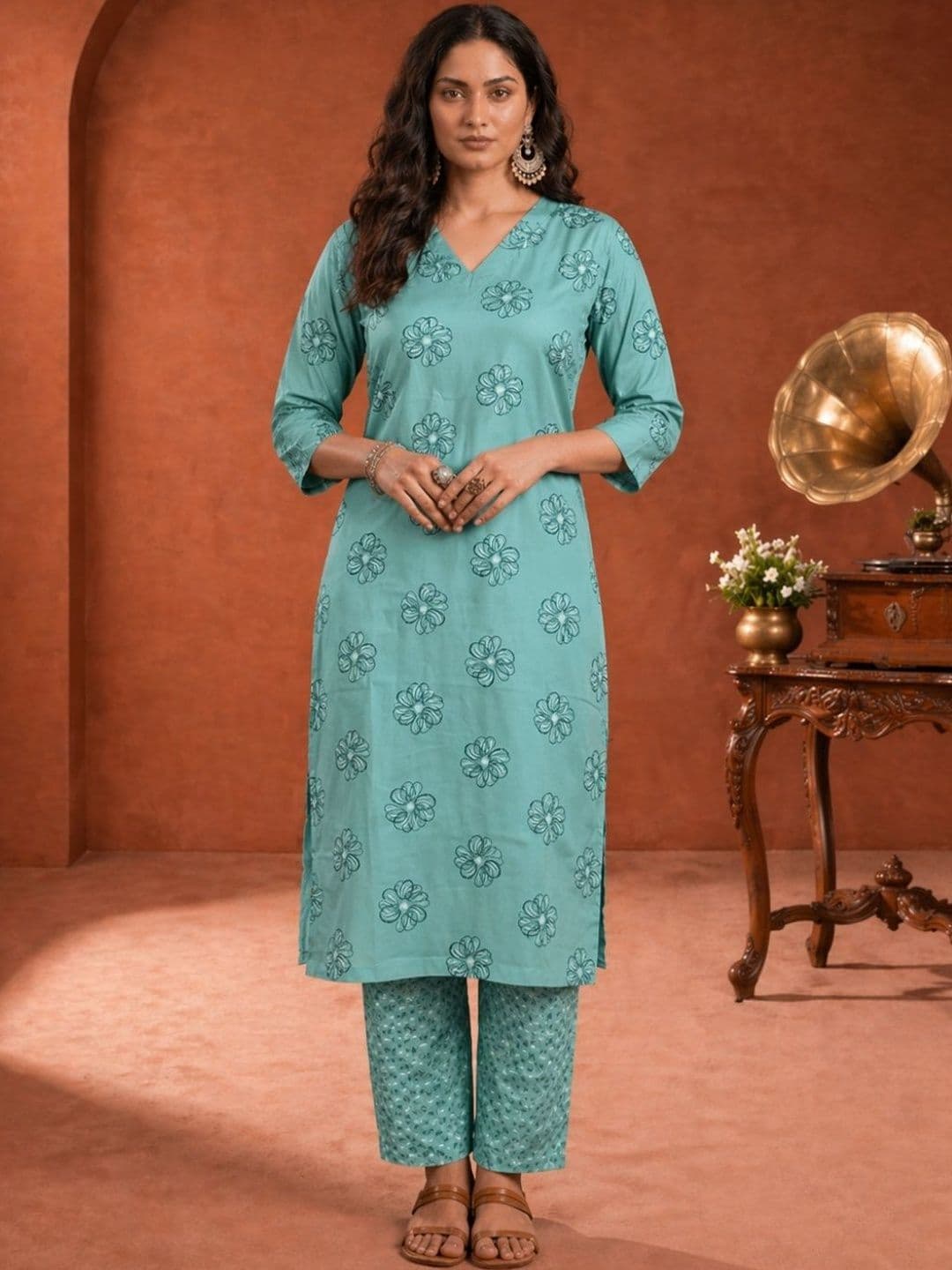 VRIKAA Women Floral Printed Regular Kurta with Trousers - view 1