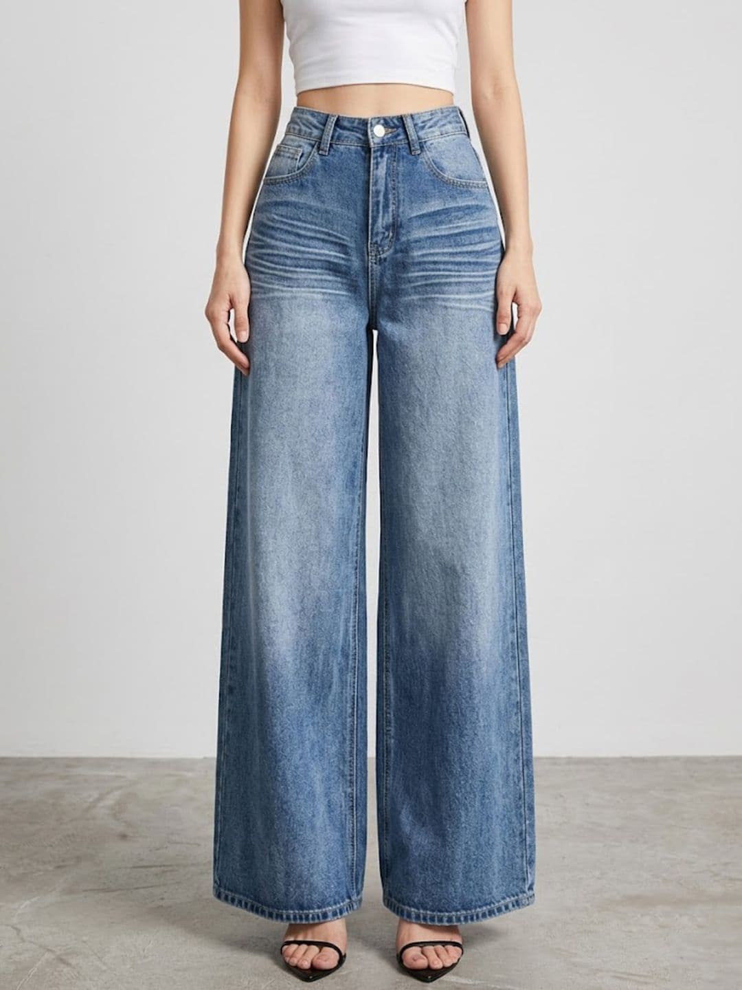 StyleCast x Revolte Women Wide Leg Mid-Rise Low Distress Heavy Fade Jeans - view 1