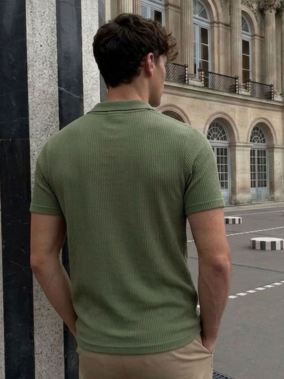 Rigo Men Army Green Self-Textured Polycorduroy Cut Away Collar Half Sleeve Polo T-Shirt thumbnail 3
