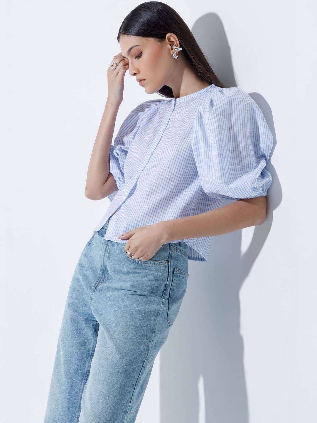 COLOR CAPITAL Striped Puff Sleeve Linen Top thumbnail 2