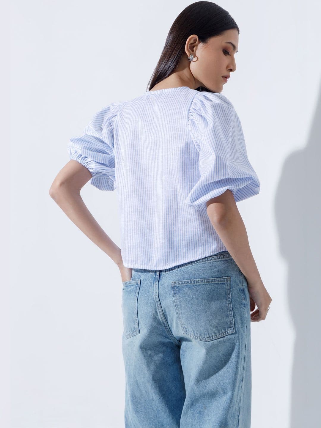COLOR CAPITAL Striped Puff Sleeve Linen Top thumbnail 5