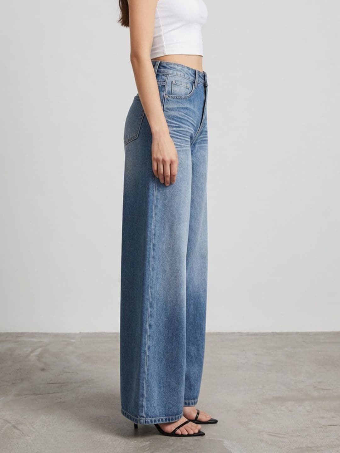 StyleCast x Revolte Women Wide Leg Mid-Rise Low Distress Heavy Fade Jeans thumbnail 5