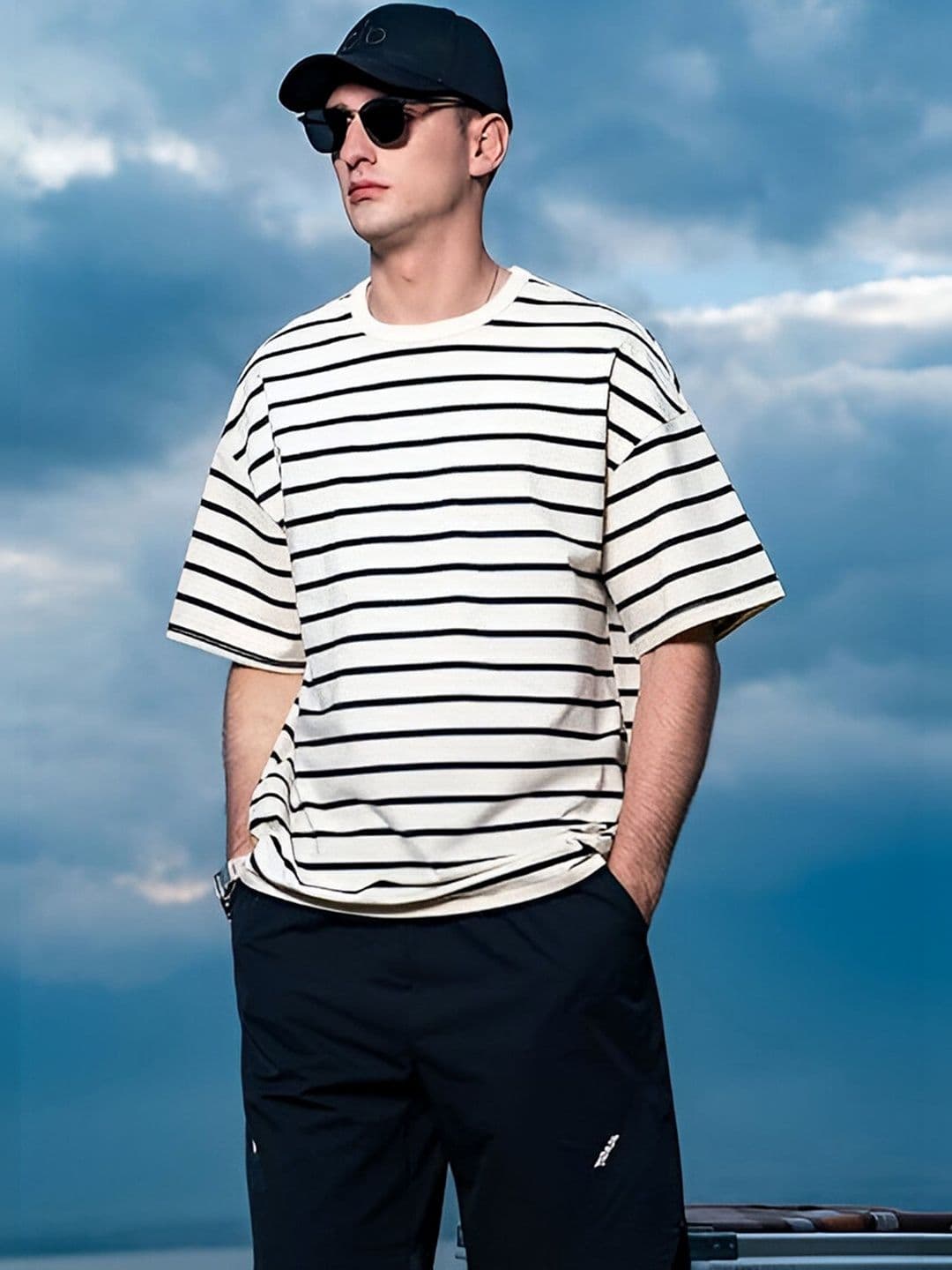 The Roadster Lifestyle Co. Striped Organic Cotton Round Neck Oversized T-shirt - view 1