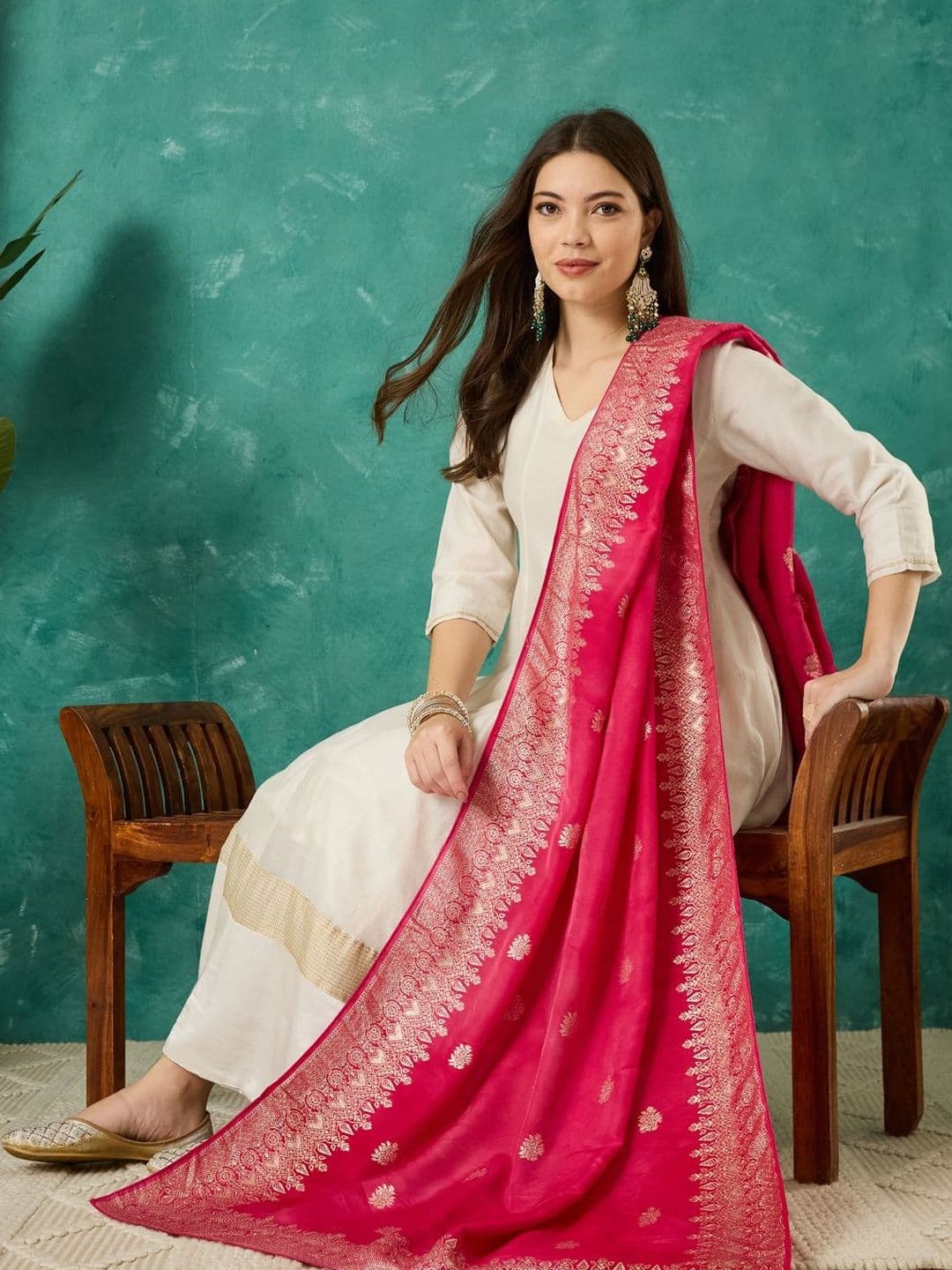 VASVI Ethnic Motifs Woven Design Cotton Silk Dupatta with Zari thumbnail 5