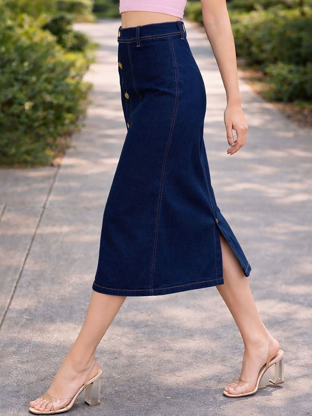 Ira Collections Women Denim Back Slit Midi A-Line Skirt thumbnail 2