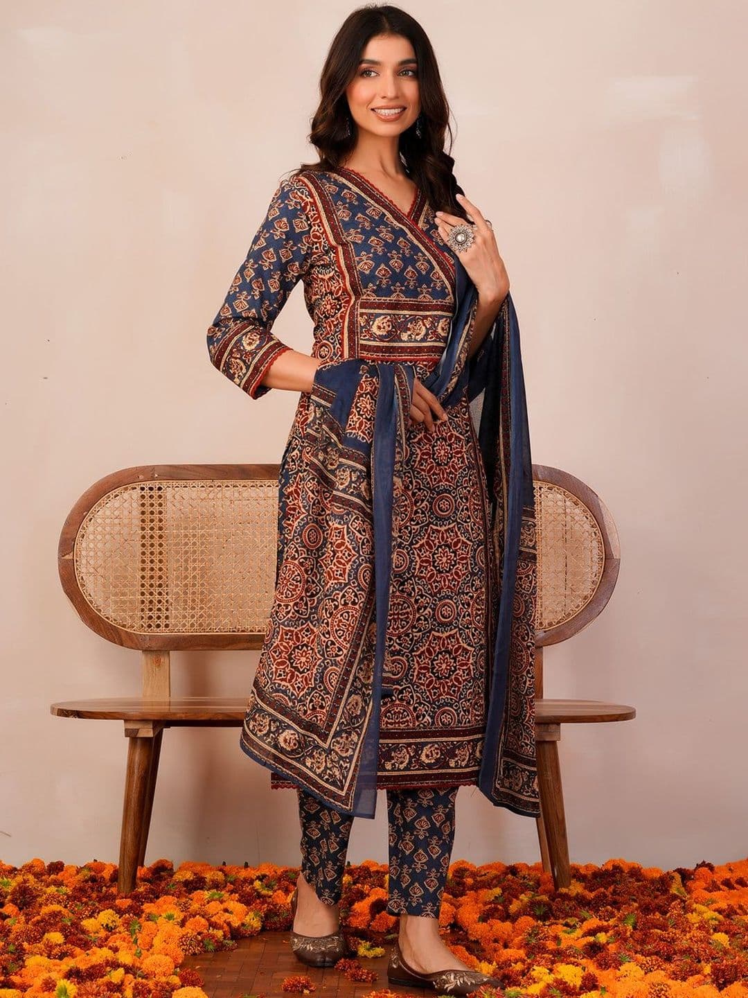 Indo Era Women Ethnic Motifs Printed Angrakha Pure Cotton Kurta with Trousers & With Dupatta thumbnail 5
