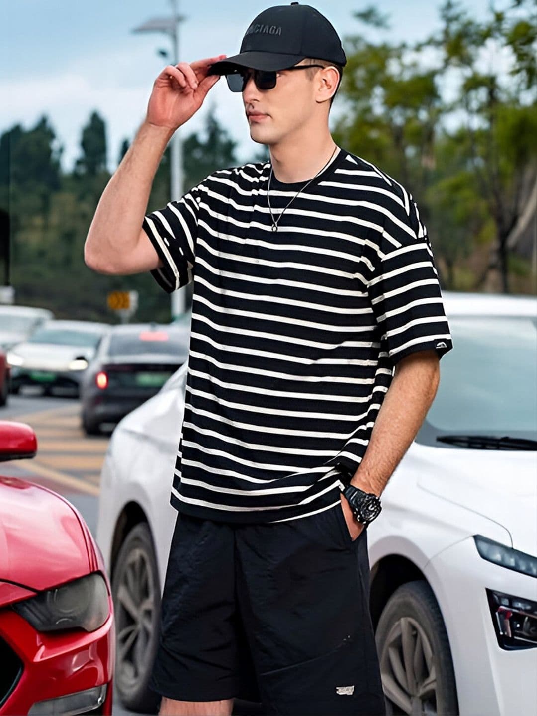 The Roadster Lifestyle Co Striped Oversized-Fit Cotton Round Neck Drop Shoulder T-Shirt thumbnail 4
