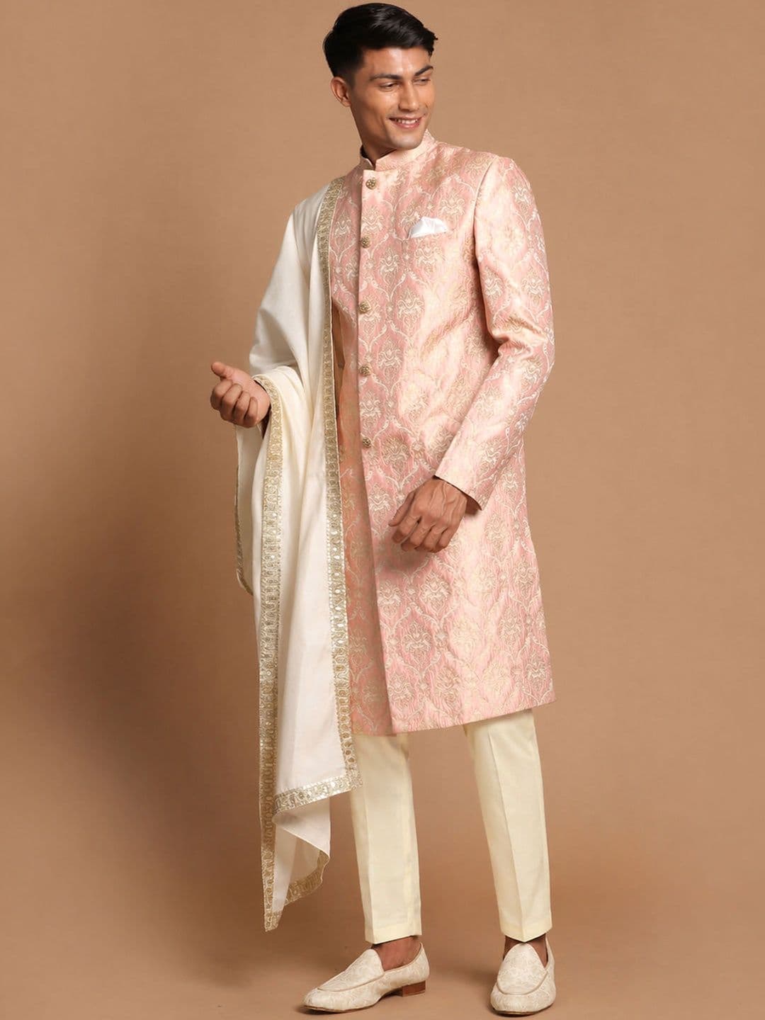 VASTRAMAY Woven Design Mandarin Collar Sherwani Set thumbnail 4