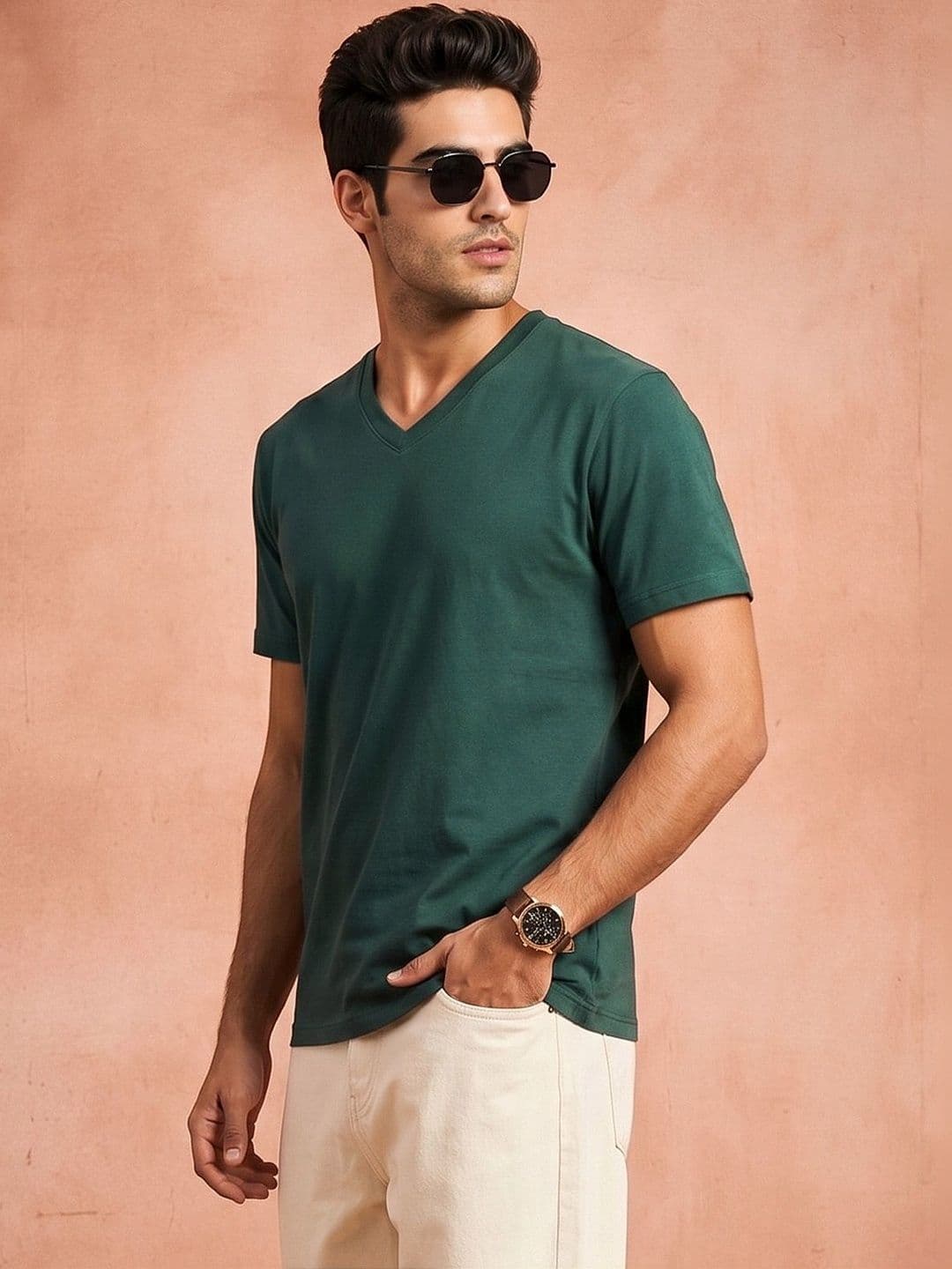 VEIRDO Men V-Neck Pure Cotton Raw Edge T-shirt thumbnail 5