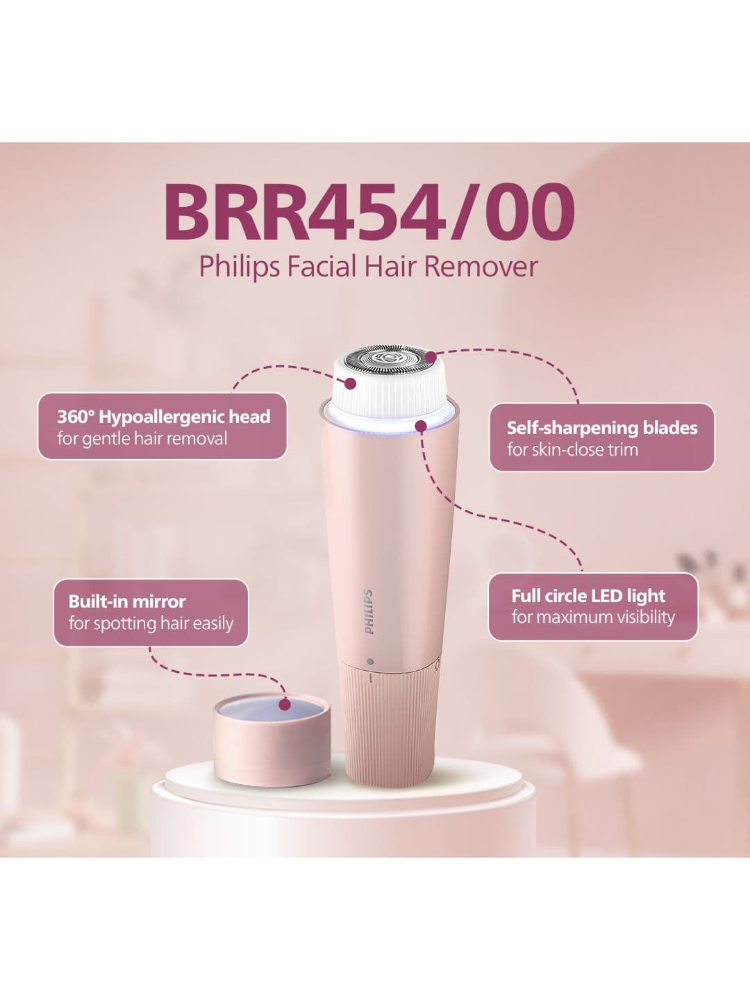 Philips Facial Hair Remover Female Trimmer BRR454/00 360 Degree Hypoallergenic Head - Pink thumbnail 9