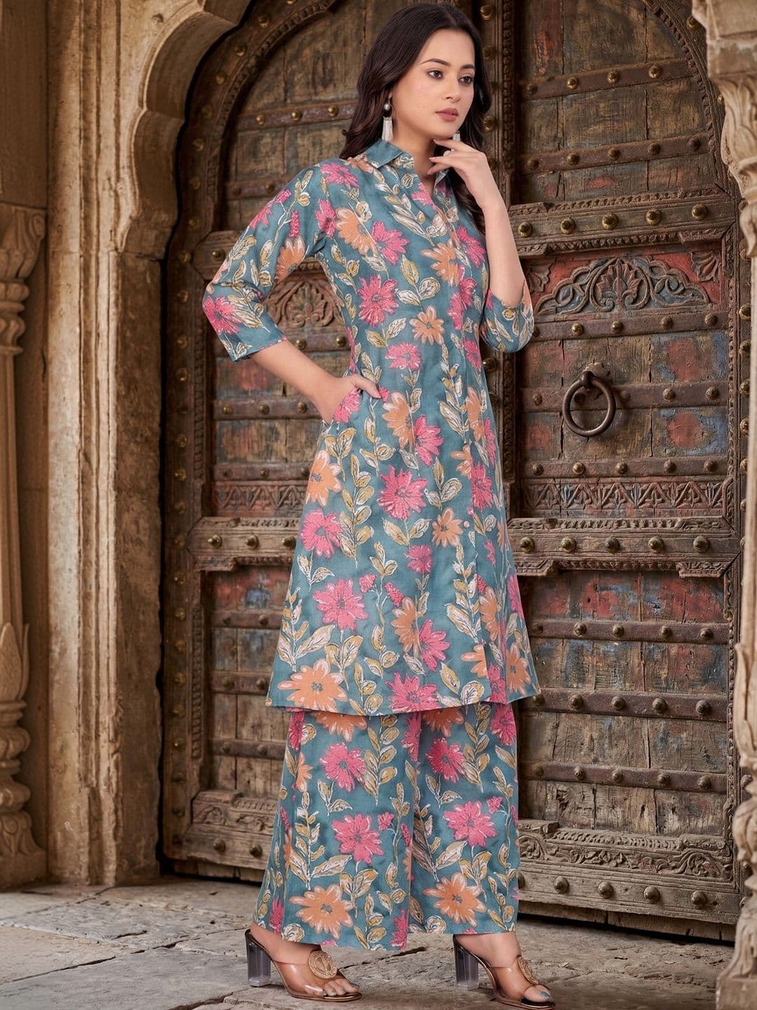 HERE&NOW Floral Cotton Printed Tunic with Palazzos thumbnail 2