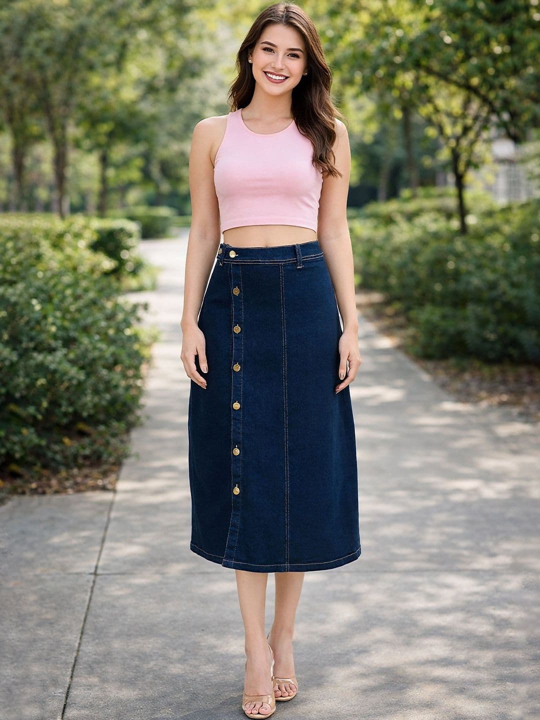 Ira Collections Women Denim Back Slit Midi A-Line Skirt - view 1