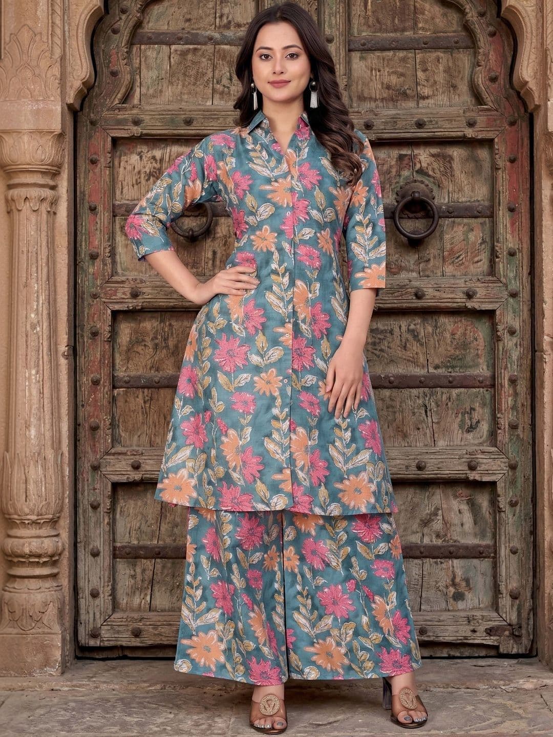 HERE&NOW Floral Cotton Printed Tunic with Palazzos - view 1