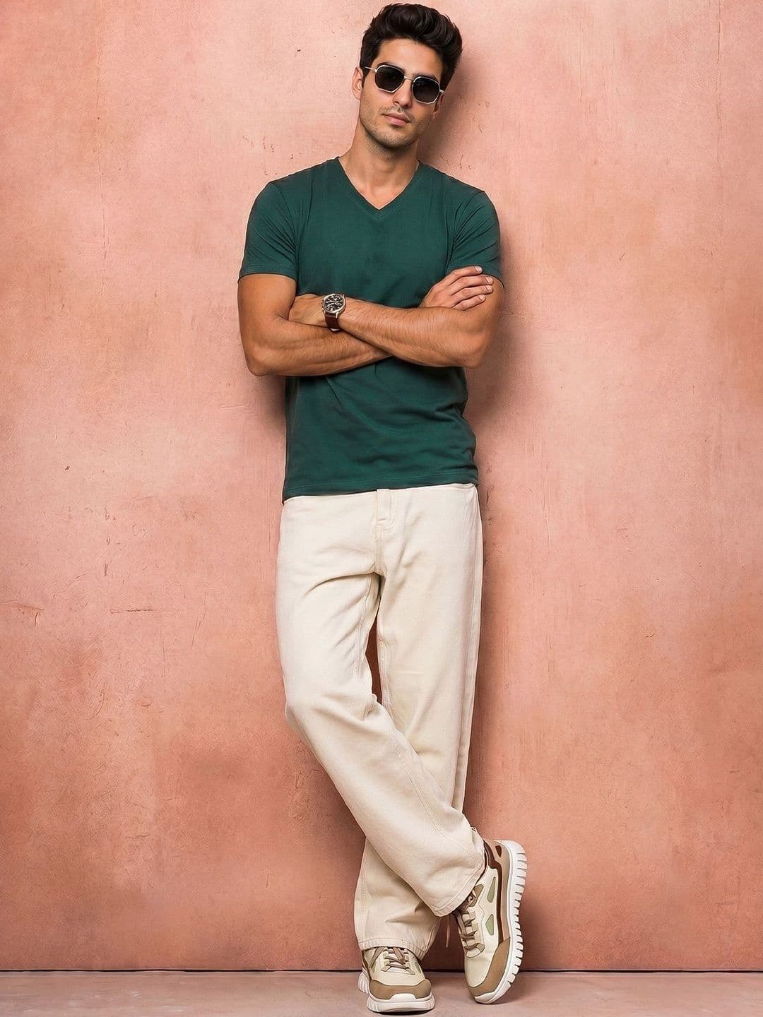 VEIRDO Men V-Neck Pure Cotton Raw Edge T-shirt thumbnail 6
