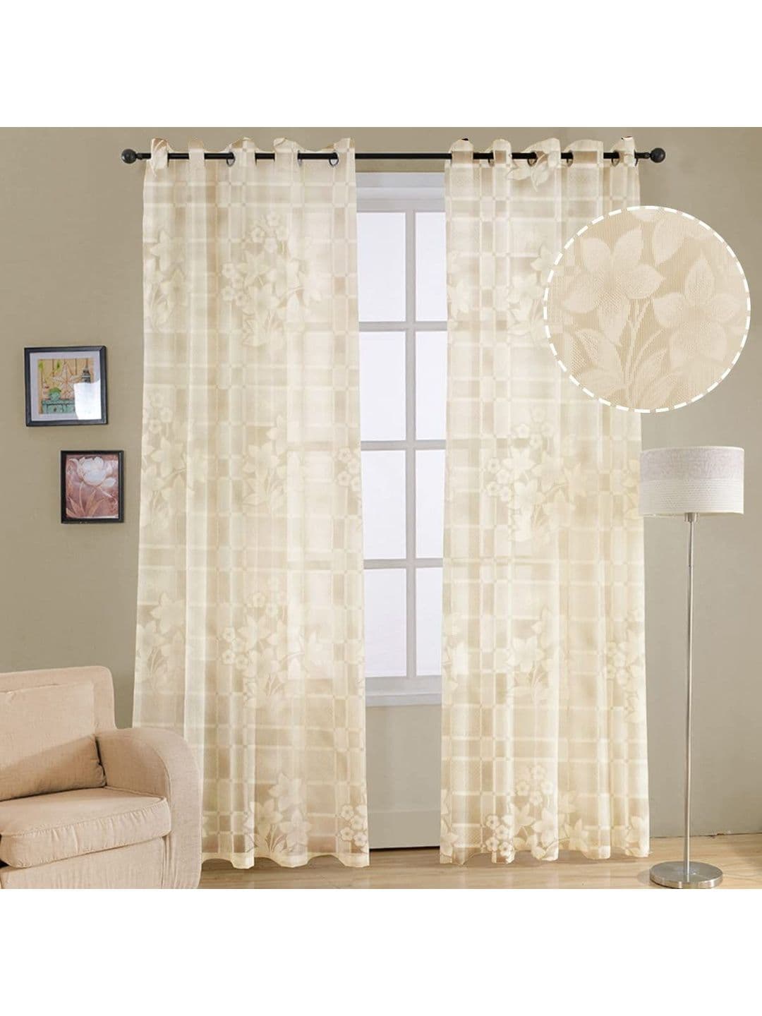B' Decorlish Cream-Coloured Set of 2 Floral Sheer Window Curtain thumbnail 4