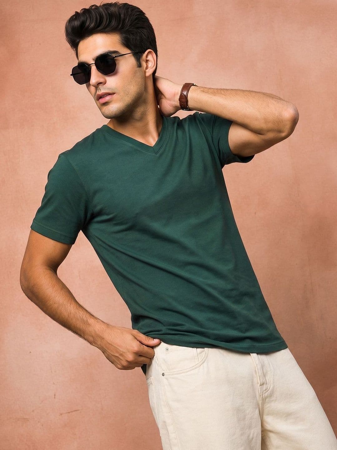 VEIRDO Men V-Neck Pure Cotton Raw Edge T-shirt thumbnail 4