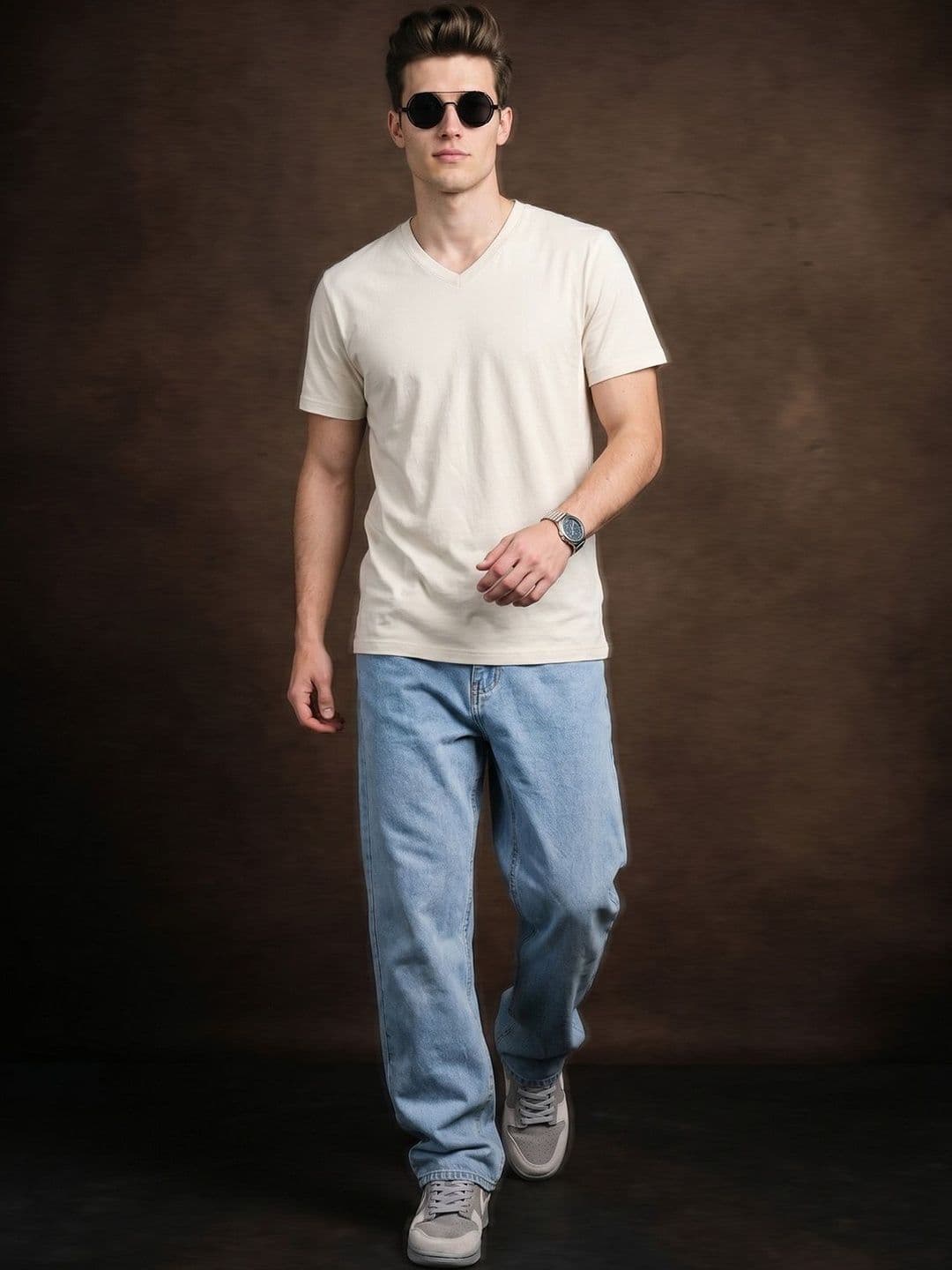 VEIRDO Men V-Neck Pure Cotton Raw Edge T-shirt thumbnail 6