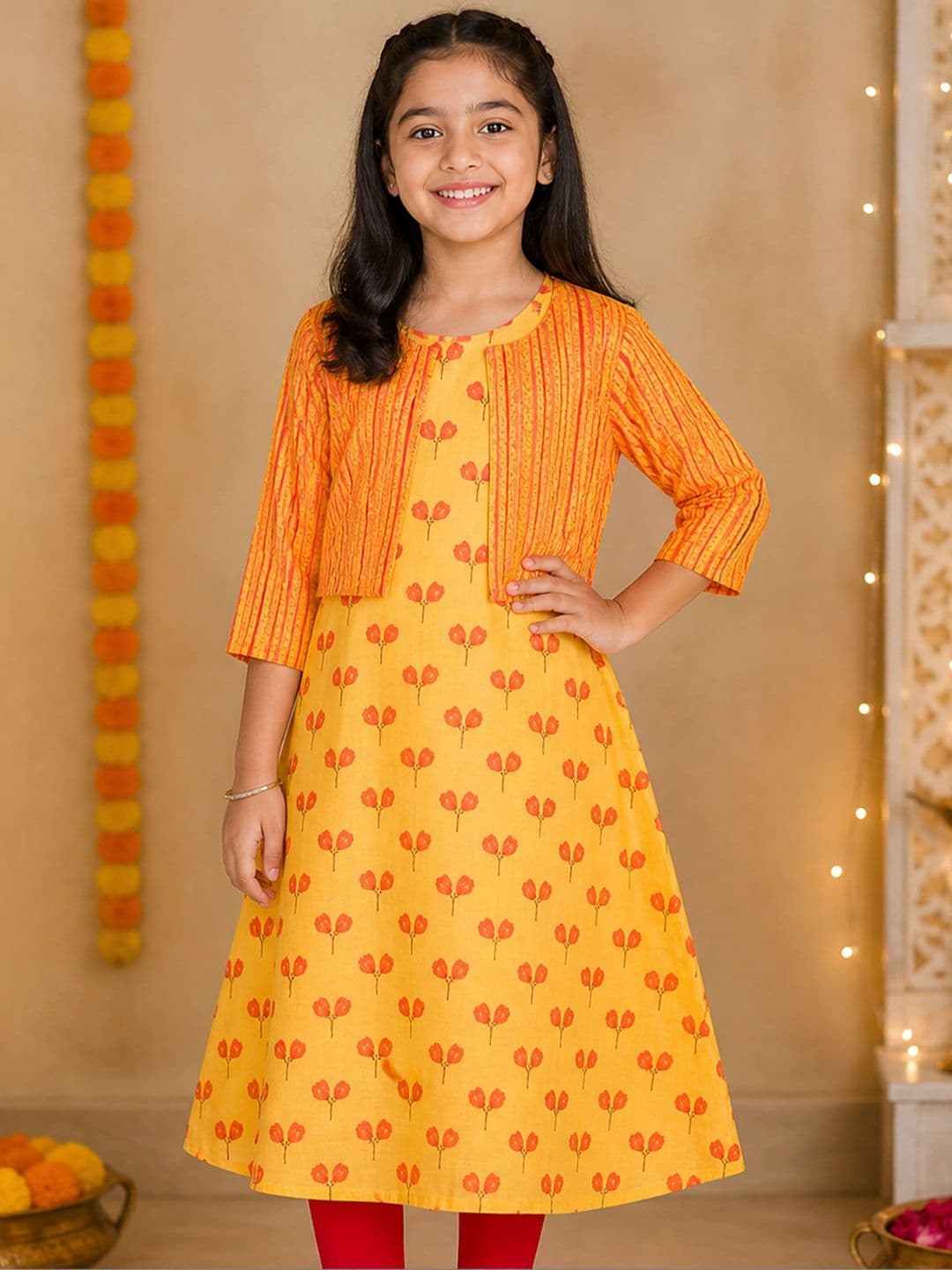 KiddoPanti Girls Cotton Floral Printed Indigo Kurta - view 1