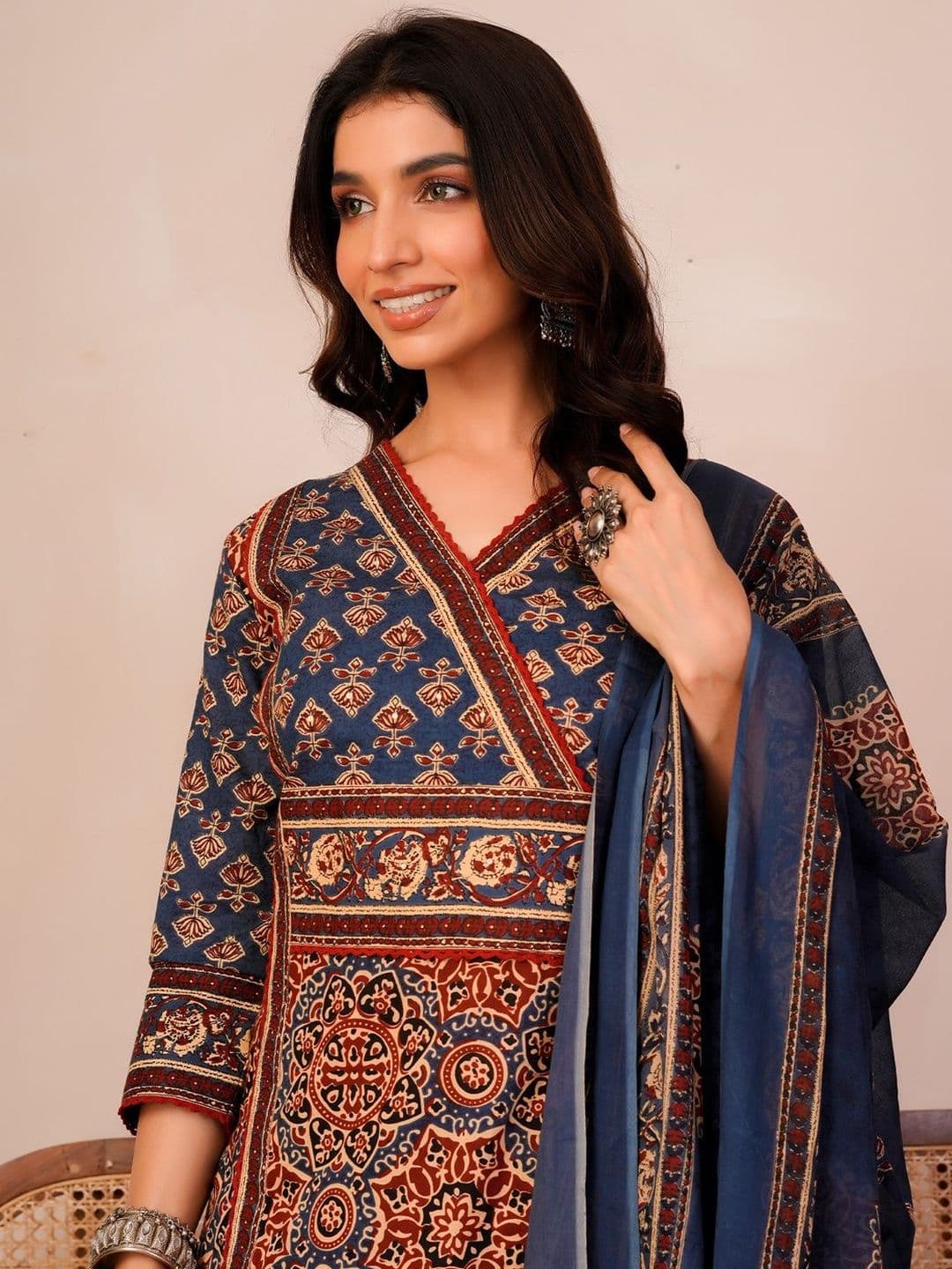 Indo Era Women Ethnic Motifs Printed Angrakha Pure Cotton Kurta with Trousers & With Dupatta thumbnail 3