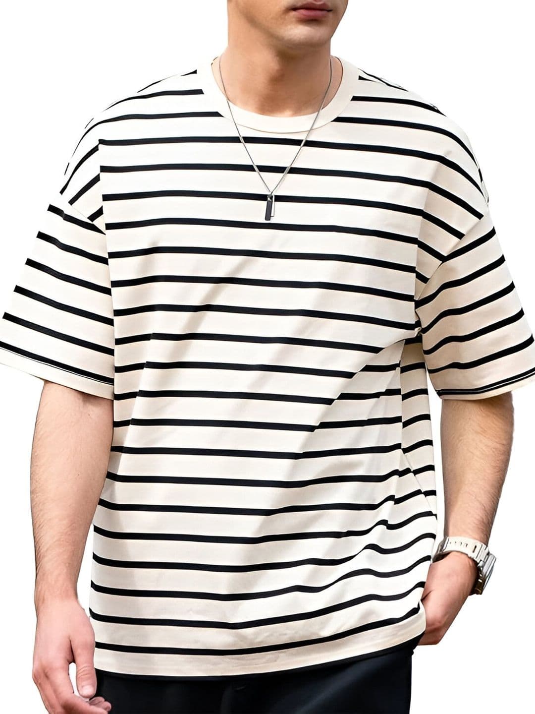 The Roadster Lifestyle Co. Striped Organic Cotton Round Neck Oversized T-shirt thumbnail 3