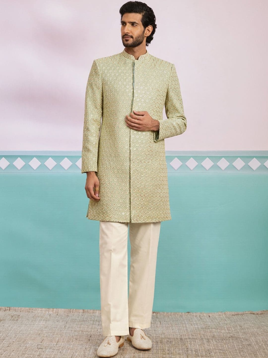 VASTRAMAY Embroidered Mandarin Collar Indo-Western Sherwani Set thumbnail 2