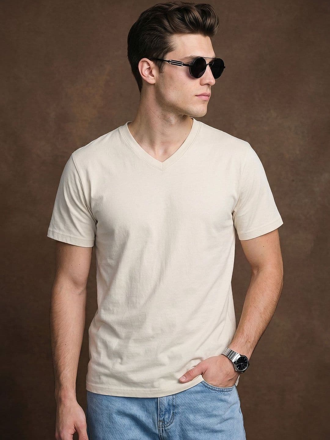 VEIRDO Men V-Neck Pure Cotton Raw Edge T-shirt - view 1