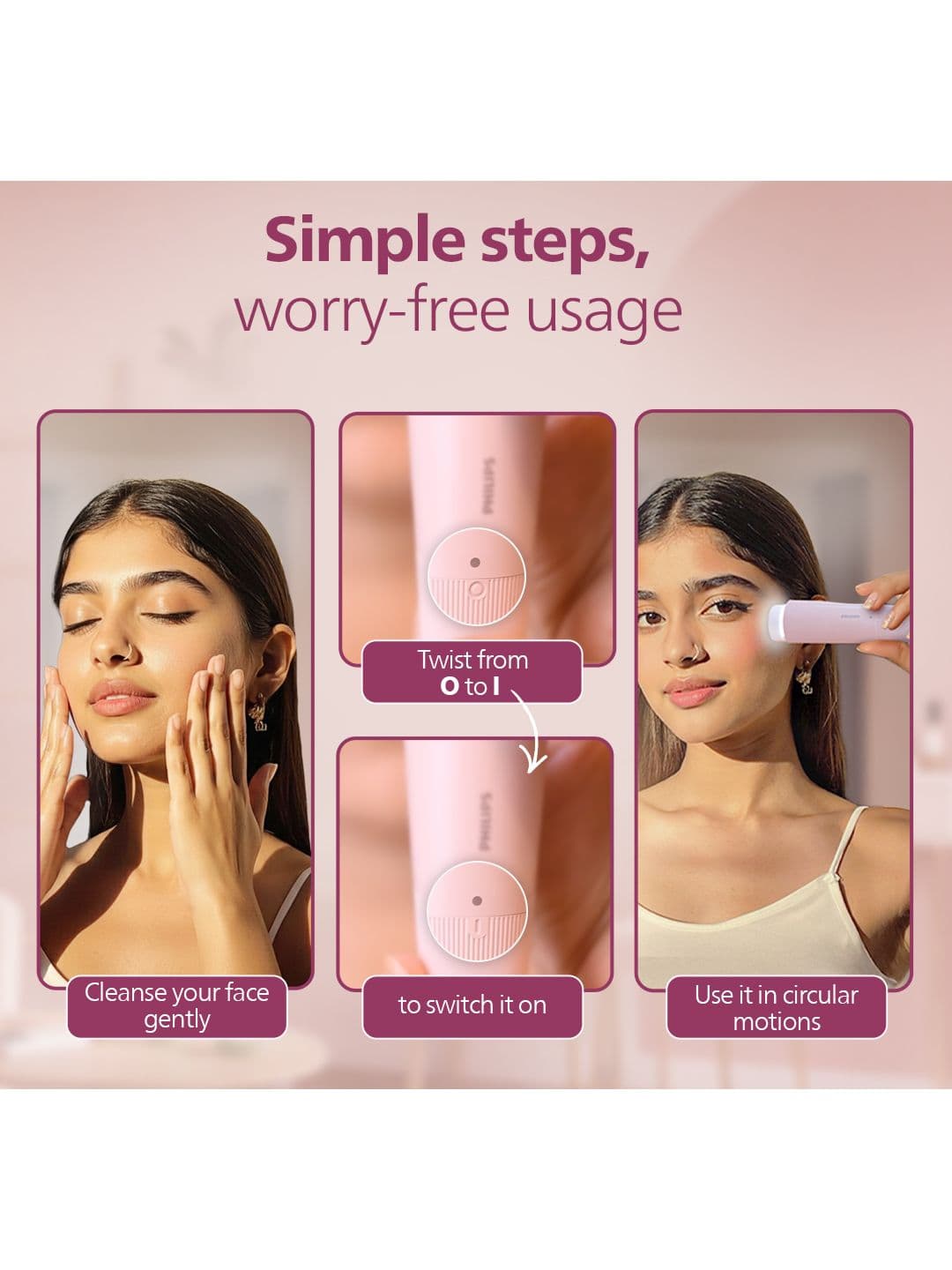 Philips Facial Hair Remover Female Trimmer BRR454/00 360 Degree Hypoallergenic Head - Pink thumbnail 7