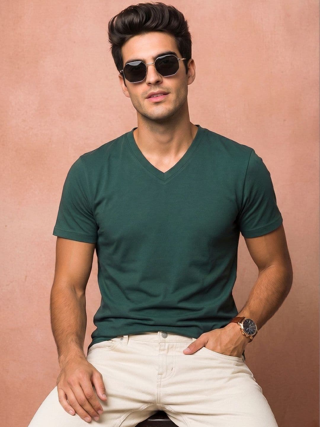 VEIRDO Men V-Neck Pure Cotton Raw Edge T-shirt thumbnail 2
